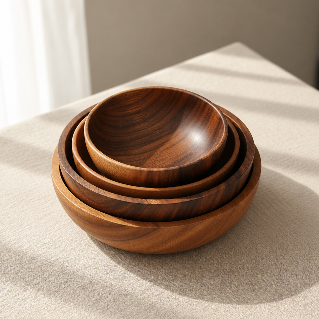 woodnestcraft set of nested round solid wood serving bowls with two wooden spoons on a neutral linen tablecloth