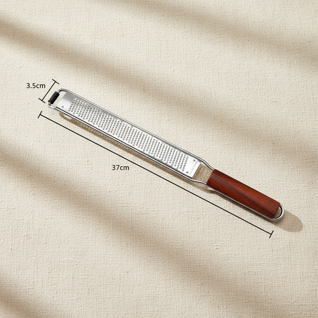 woodnestcraft kitchen grater with a handcrafted Padauk wood handle and stainless steel blade for zesting and grating