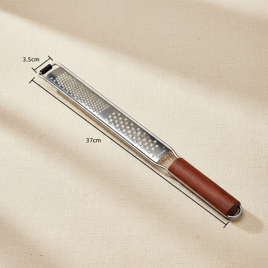 woodnestcraft kitchen grater with a dark Padauk wood handle and a long stainless steel blade for zesting and grating