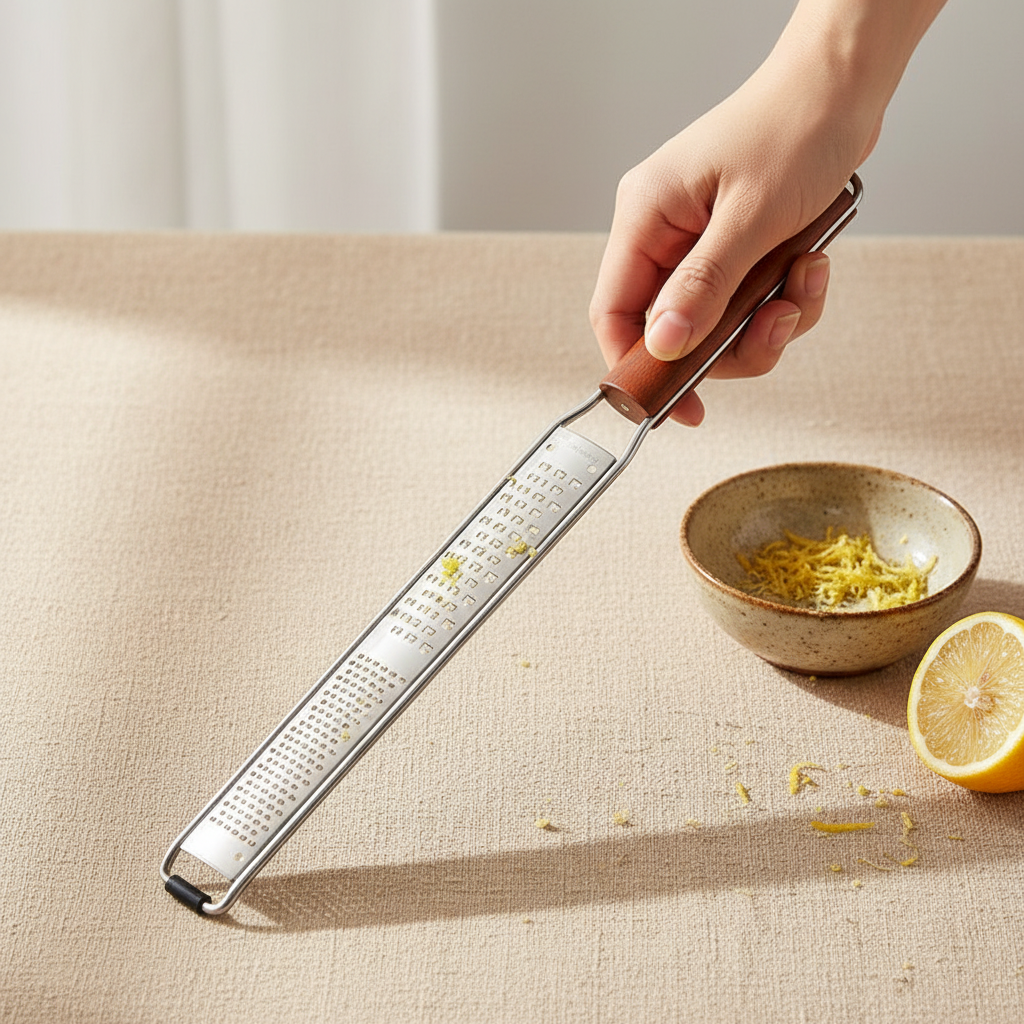 woodnestcraft kitchen grater with a Padauk wood handle and stainless steel blade zesting a lemon over a small bowl