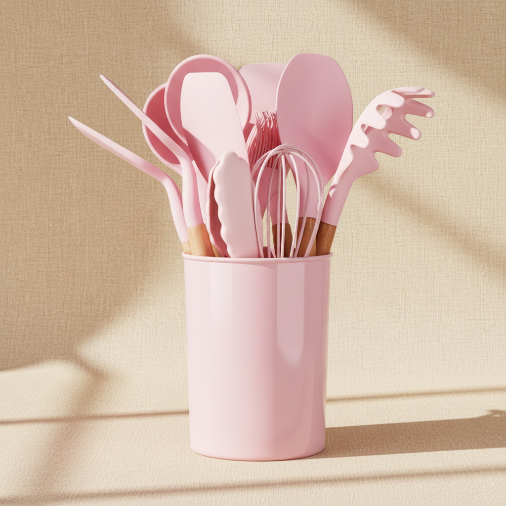 woodnestcraft 12-piece pink silicone kitchen utensil set with natural wooden handles in a matching storage container