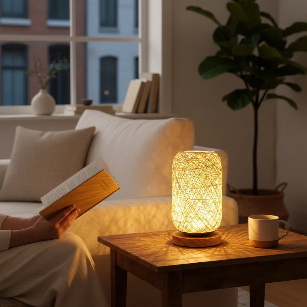 woodnestcraft handwoven rattan table lamp with wood base glowing on a side table next to a person reading a book