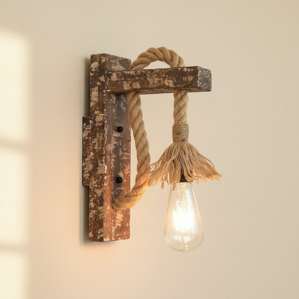 woodnestcraft industrial wall sconce featuring a rustic distressed wood mount and thick hemp rope with exposed bulb