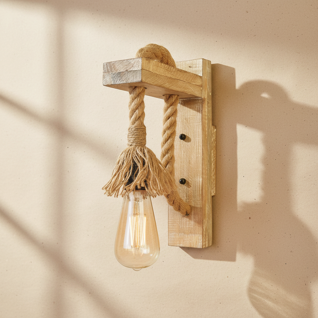 woodnestcraft industrial wall sconce featuring a rustic wood mount and thick hemp rope with an exposed Edison bulb