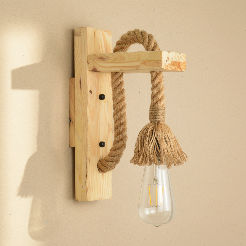 woodnestcraft industrial wall sconce featuring a rustic wood mount and thick hemp rope with an exposed Edison bulb.