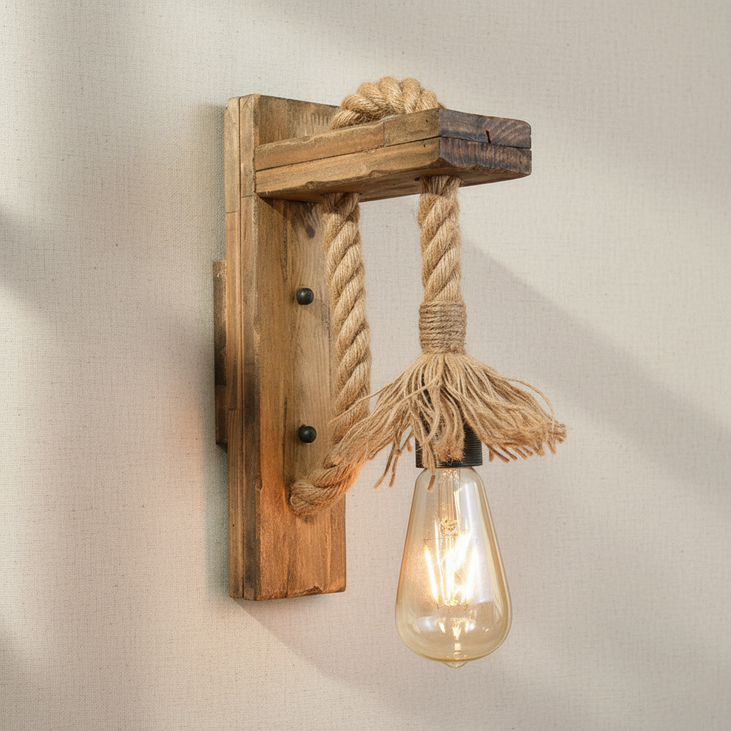 woodnestcraft industrial wall sconce featuring a rustic wood mount and thick hemp rope with an exposed Edison bulb