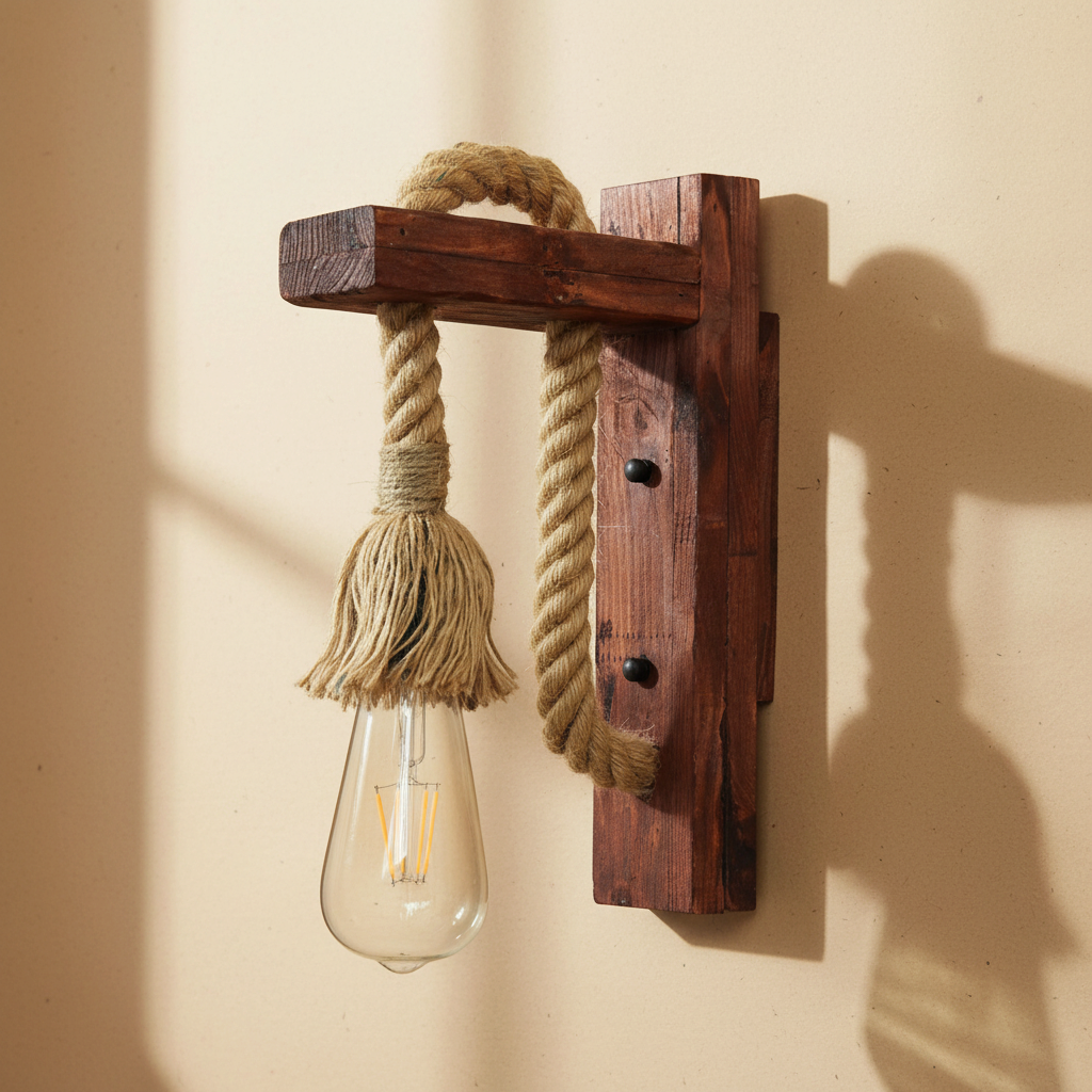 woodnestcraft industrial wall sconce featuring a rustic dark wood mount and thick hemp rope with an exposed bulb