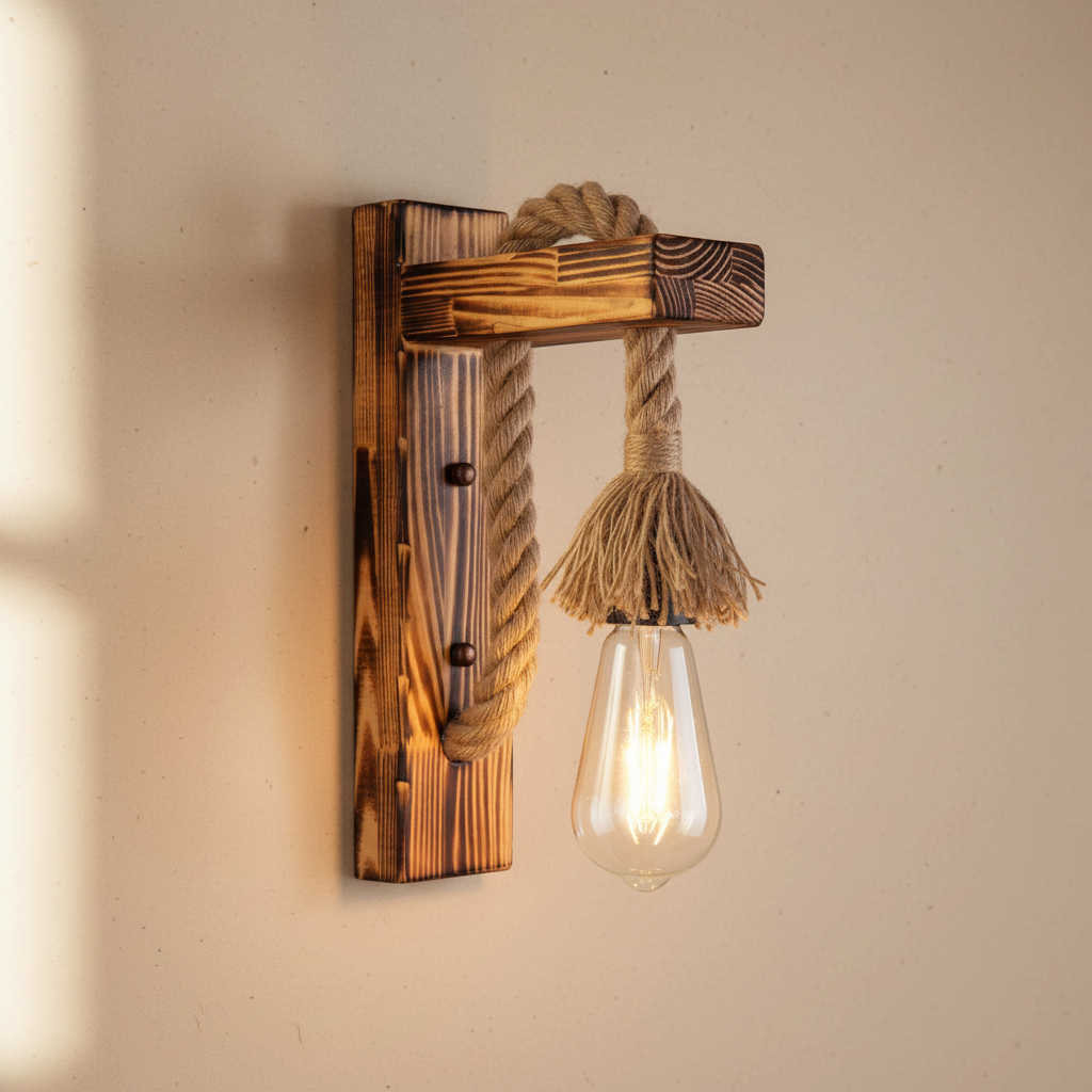 woodnestcraft industrial wall sconce featuring a rustic charred wood mount and thick hemp rope with an Edison bulb