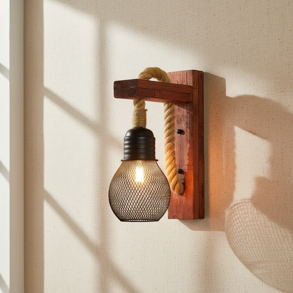 woodnestcraft industrial wall sconce featuring a rustic wood mount, thick hemp rope, and a black wire mesh bulb cage.