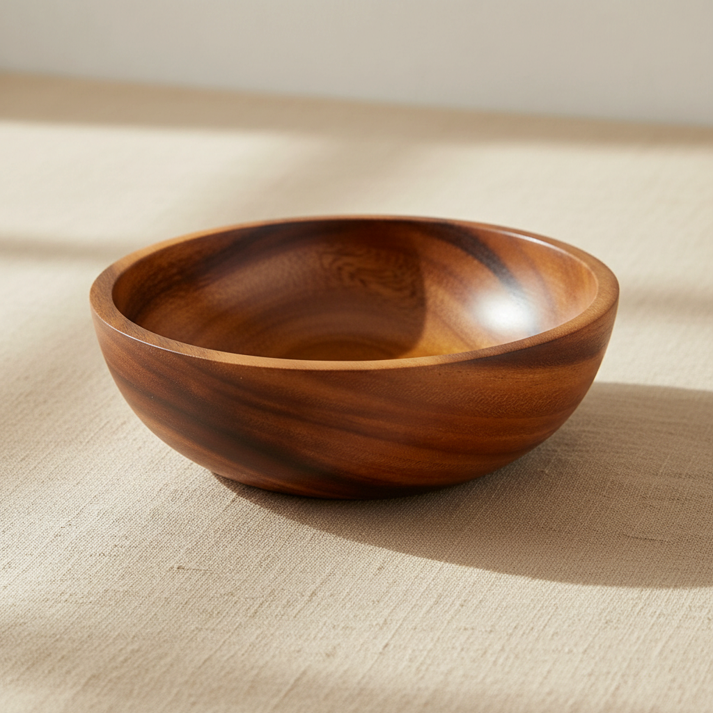woodnestcraft round hand-turned solid wood serving bowl with natural grain on a neutral linen tablecloth