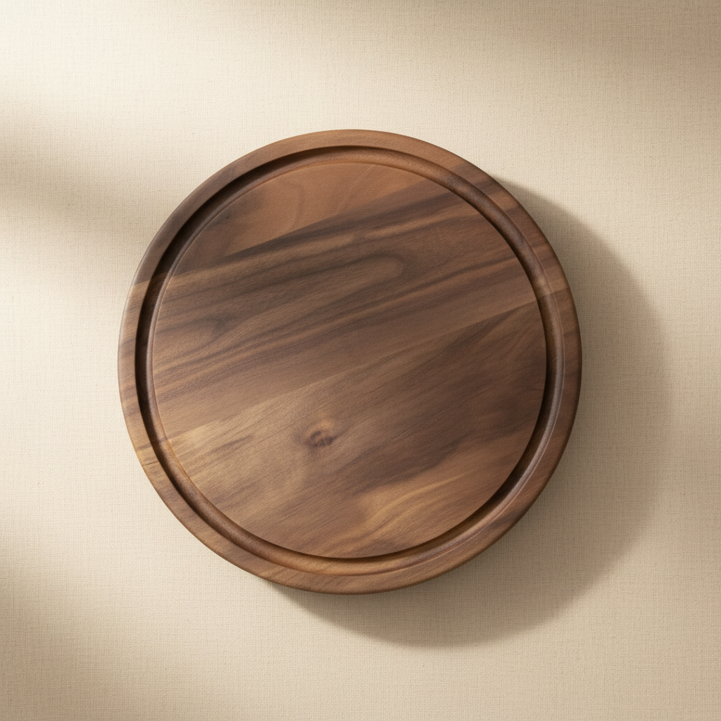 woodnestcraft round black walnut wood cutting board with a juice groove for serving charcuterie or steak