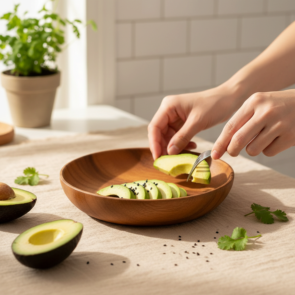 woodnestcraft round solid wood serving bowl filled with sliced avocado on a linen tablecloth in a bright kitchen