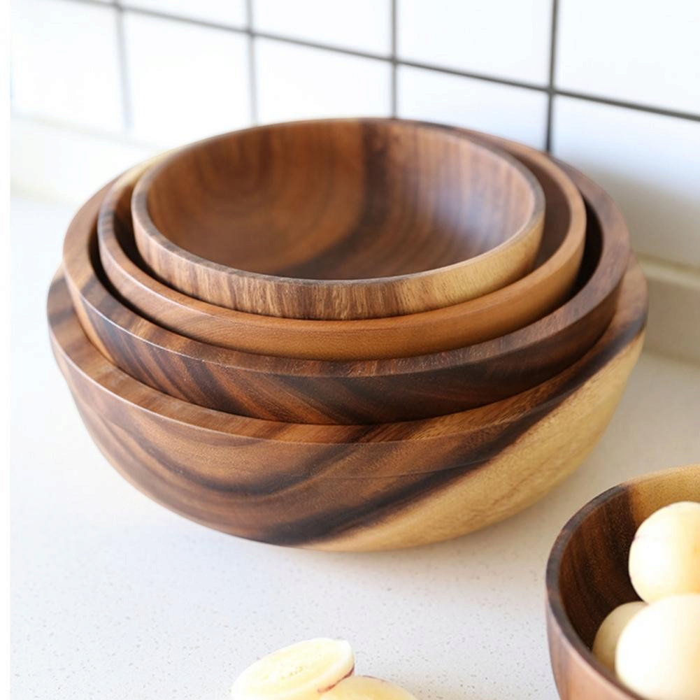 woodnestcraft set of round hand-turned solid wood serving bowls with natural grain patterns