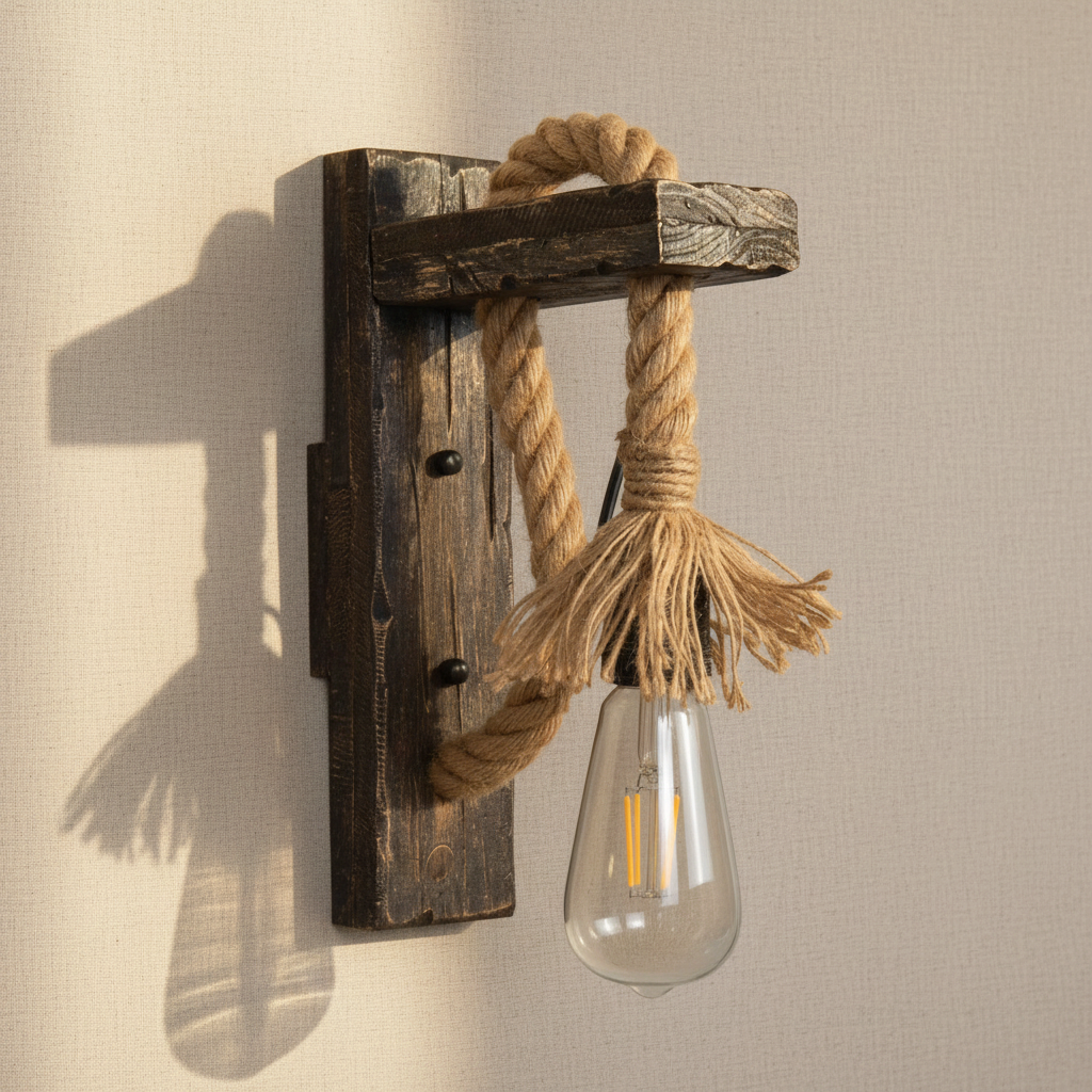 woodnestcraft industrial wall sconce featuring a rustic dark wood mount and thick hemp rope with an exposed bulb