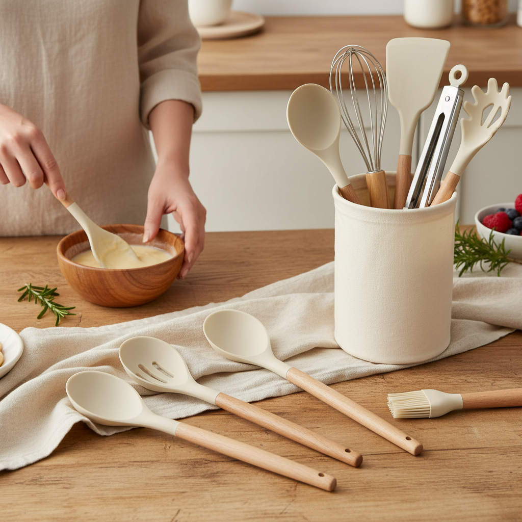woodnestcraft 12-piece kitchen utensil set with cream silicone heads and natural wooden handles in a storage container