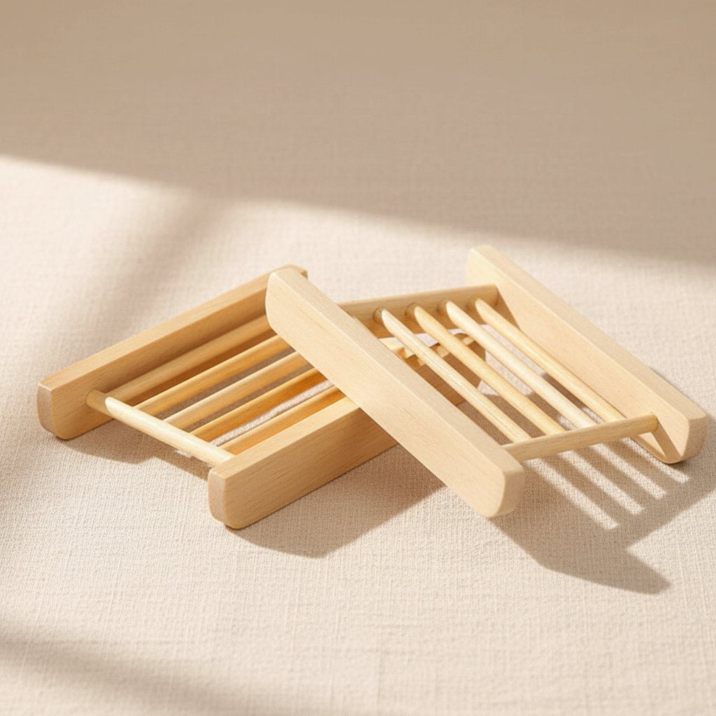 Two woodnestcraft slatted wooden soap dishes for bathroom or kitchen sink drainage