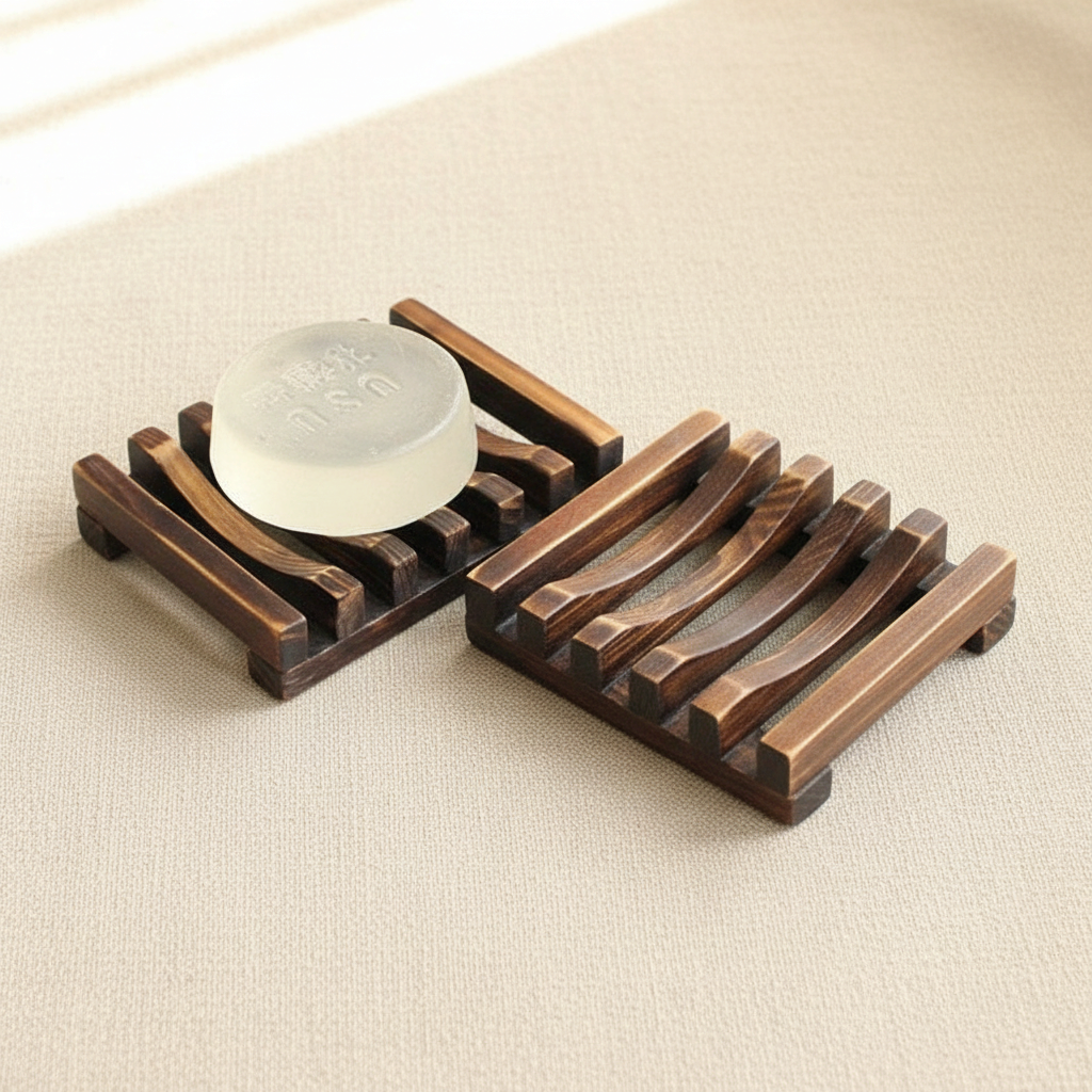 woodnestcraft slatted wooden soap dishes with a clear bar soap, designed for quick draining and drying