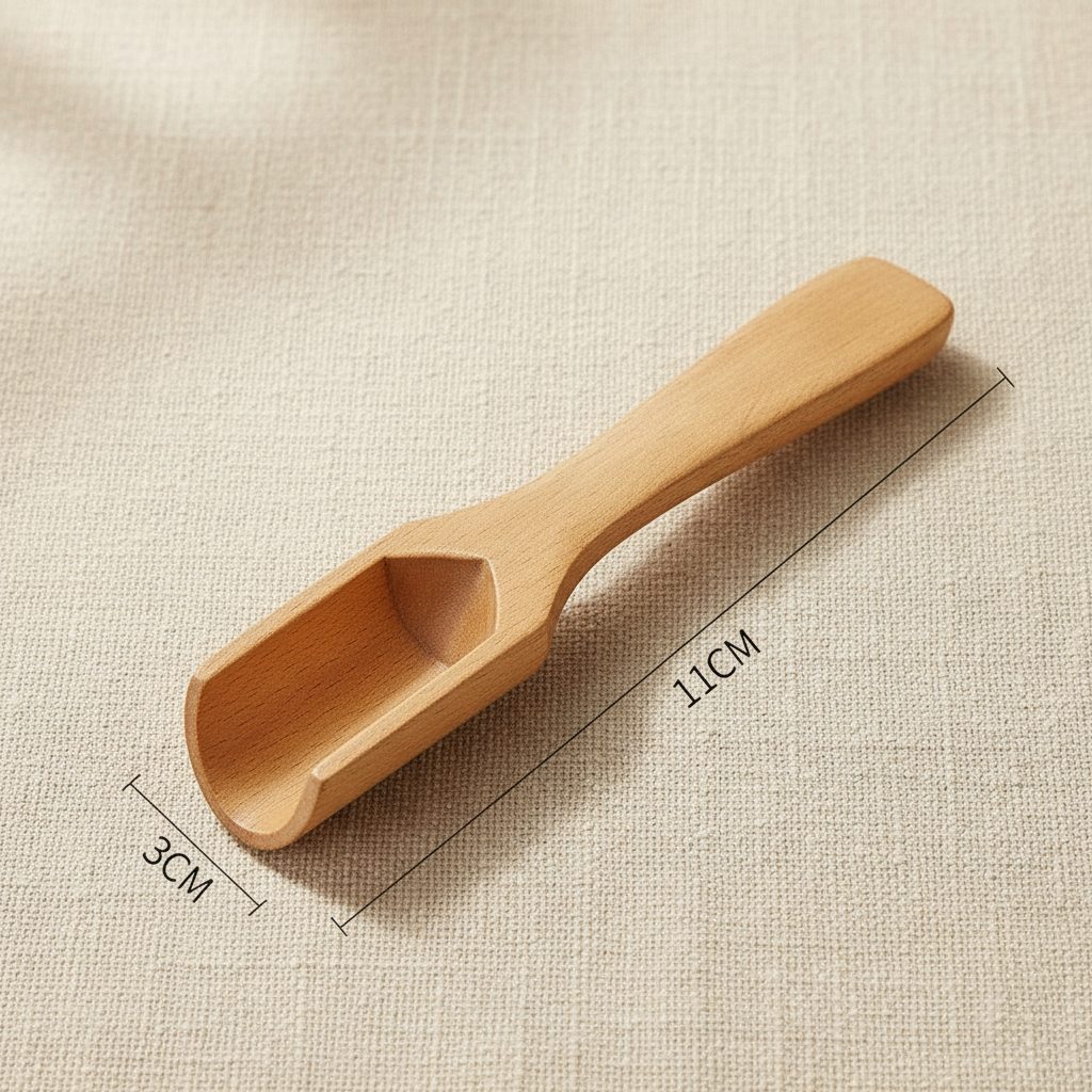 woodnestcraft solid beech wood scoop for tea and spices with natural grain finish on a textured beige background