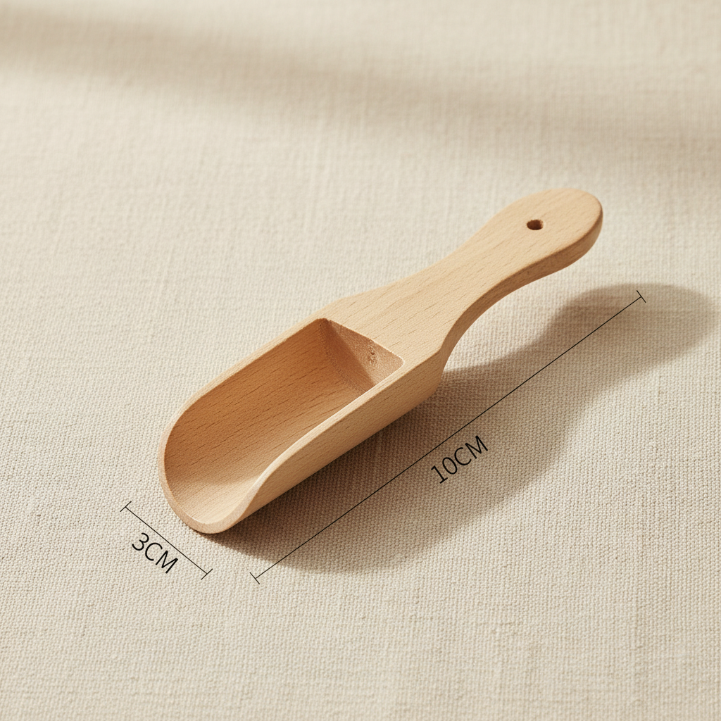woodnestcraft solid beech wood scoop for tea and spices with natural grain finish on a textured fabric background