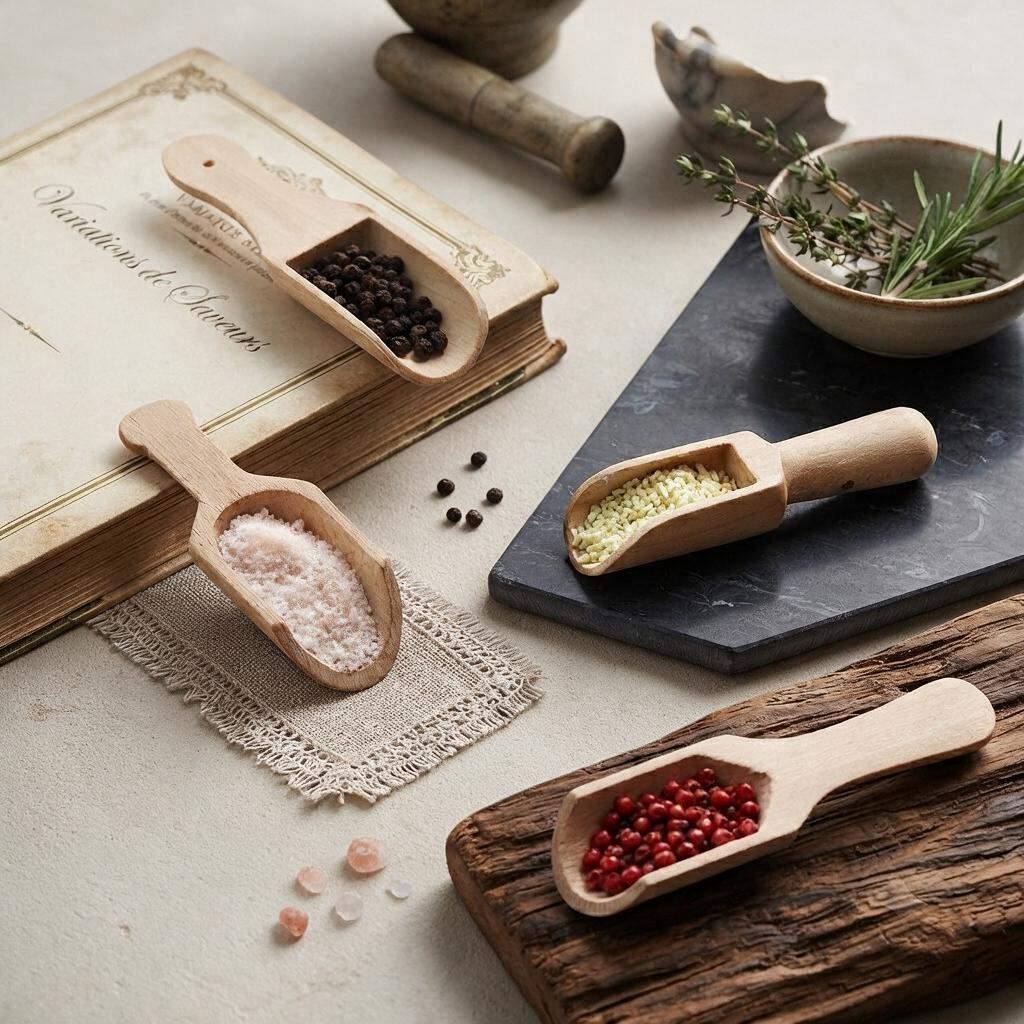 woodnestcraft solid beech wood scoops filled with salt, peppercorns, and spices on a rustic kitchen table setting