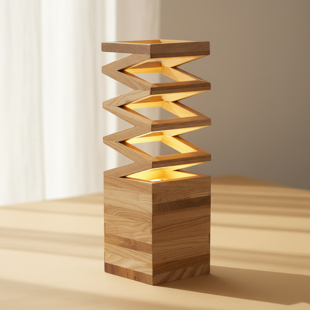 woodnestcraft The Fold Lamp featuring a sculptural solid wood accordion design with warm interior glowing light