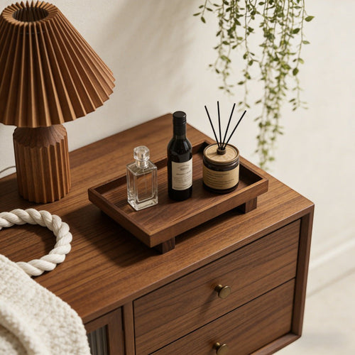 woodnestcraft solid wood footed tray holding perfume and a reed diffuser on a wooden dresser