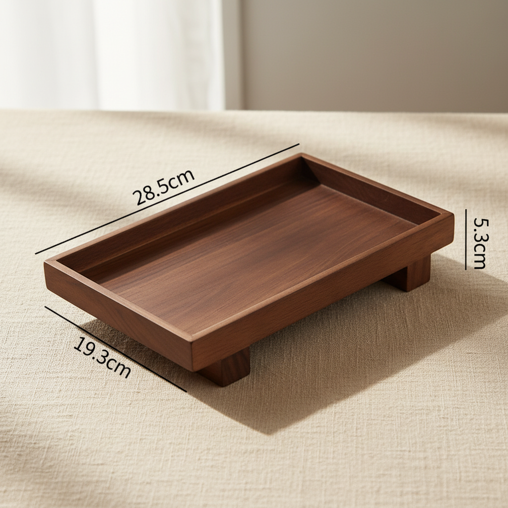 woodnestcraft Japanese style solid wood footed tray with dimensions shown on a neutral linen surface