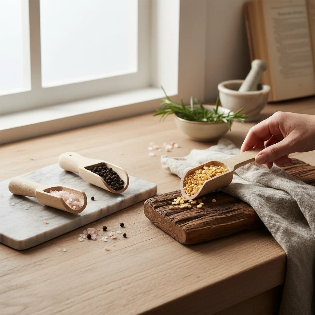woodnestcraft solid beech wood scoops holding salt, peppercorns, and lentils on a rustic kitchen counter