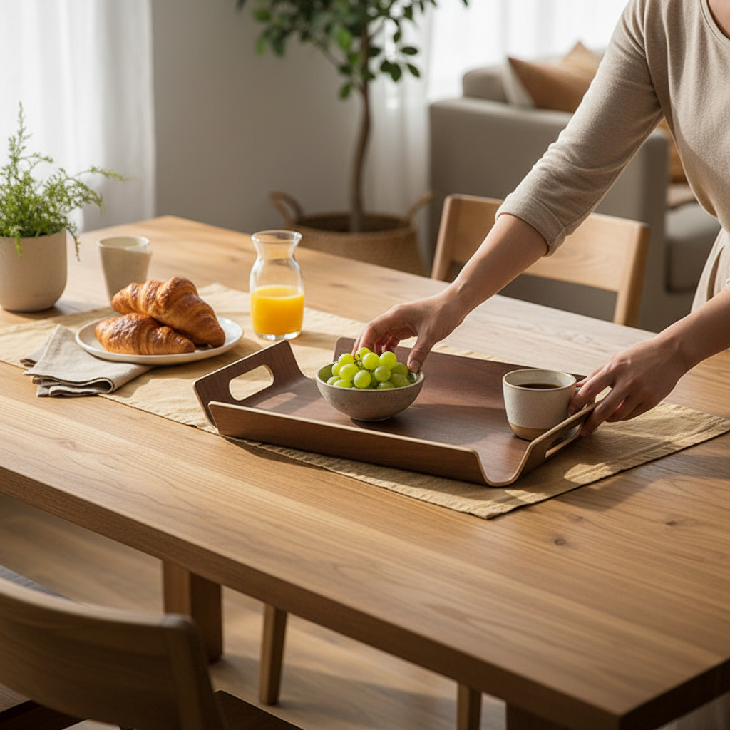 woodnestcraft natural wood serving tray with cut-out handles holding a bowl of grapes and a coffee cup on a table