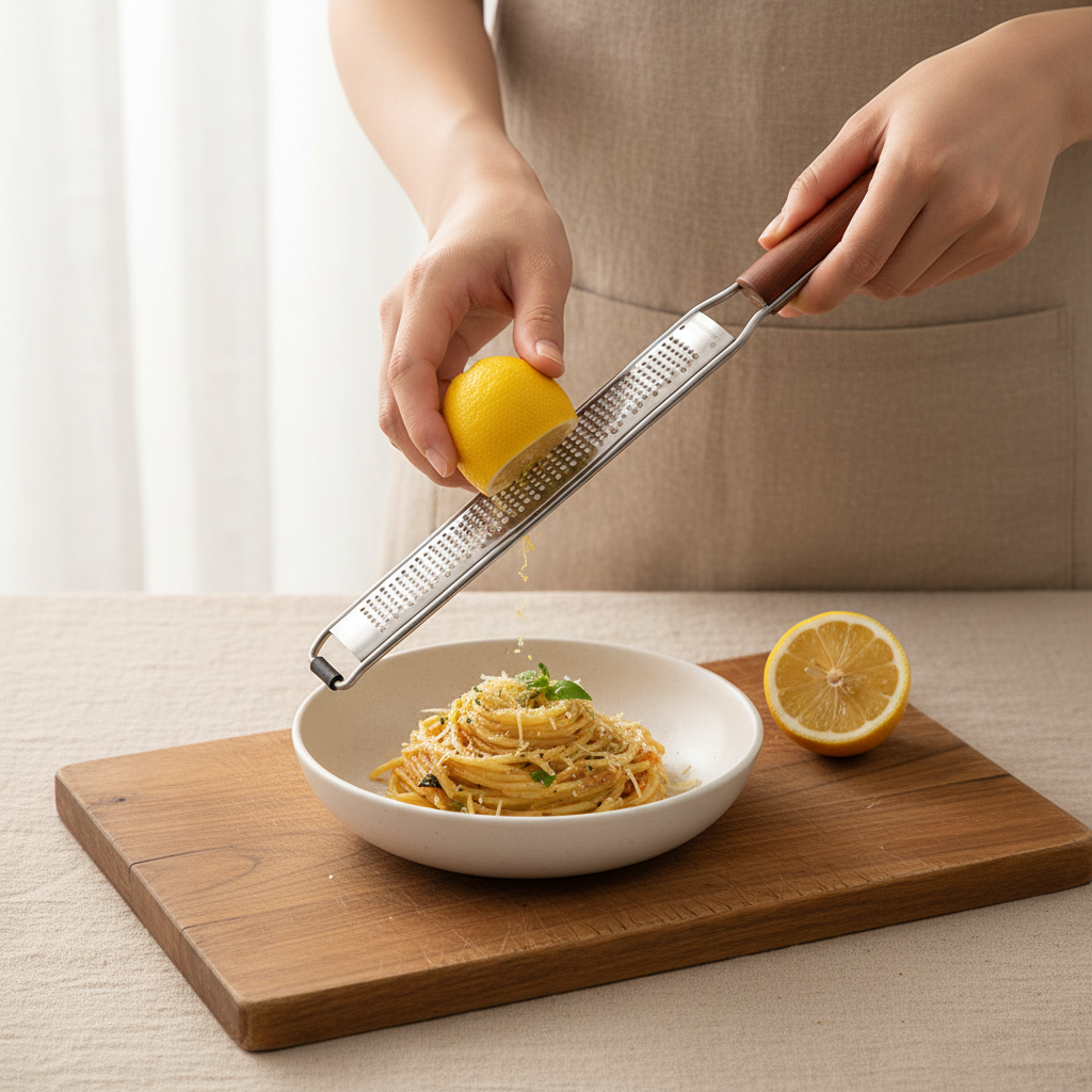 woodnestcraft stainless steel kitchen grater with a Padauk wood handle zesting a fresh lemon over a bowl of pasta