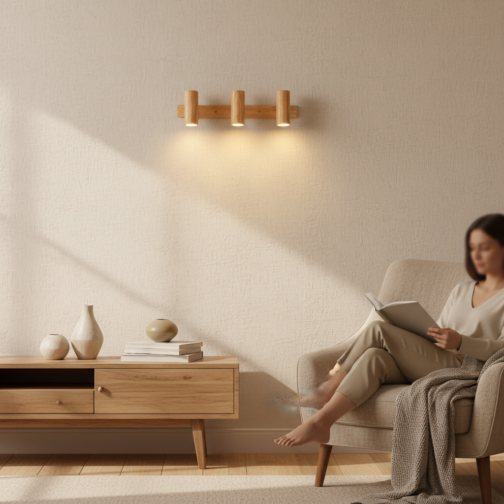 woodnestcraft three-head wooden wall sconce providing warm ambient light above a cozy living room reading nook
