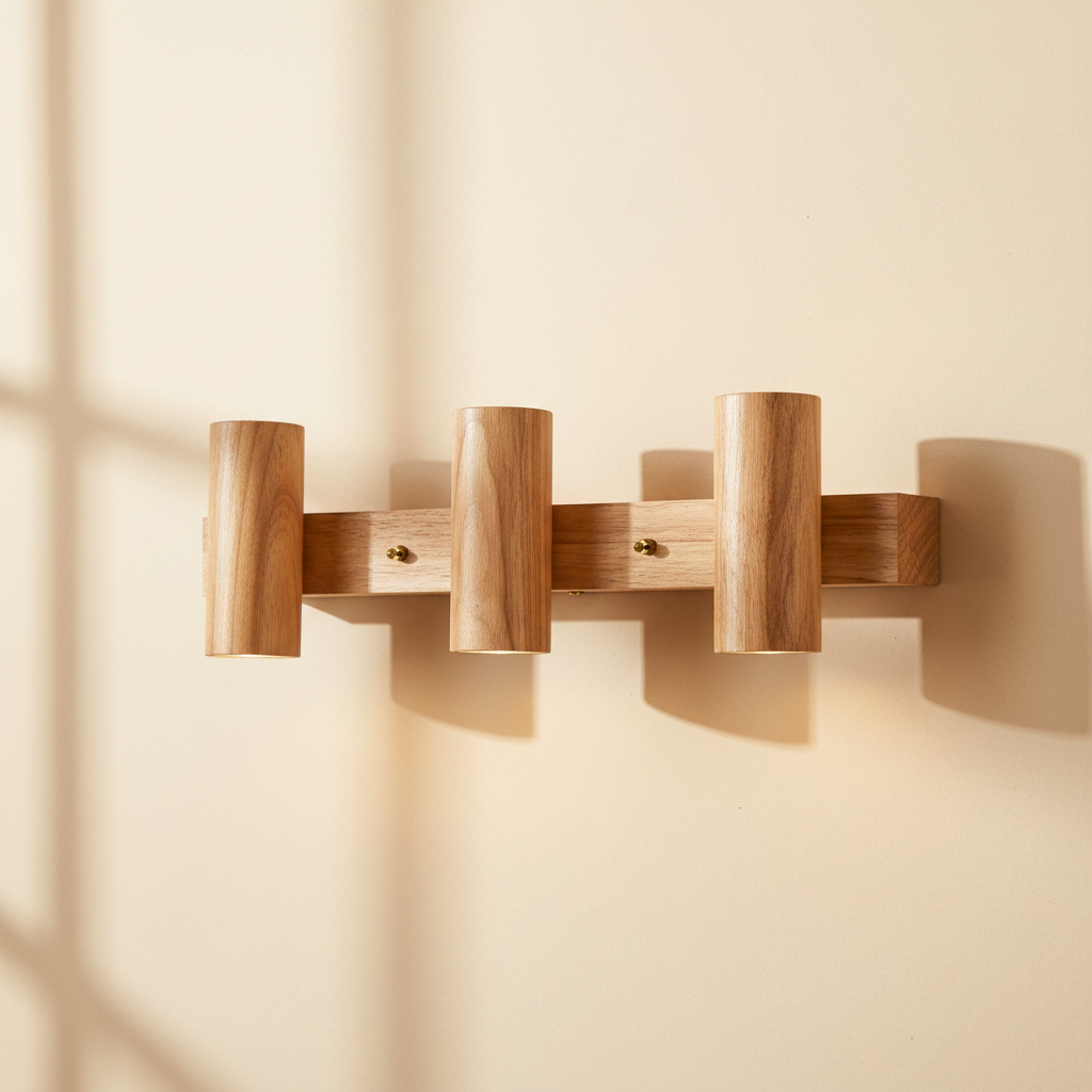 woodnestcraft three-head rustic log-style wooden wall sconce with a natural rubber wood finish on a beige wall
