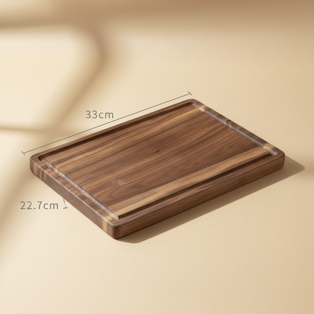 woodnestcraft rectangular black walnut wood cutting board with juice groove and dimensions on a neutral background
