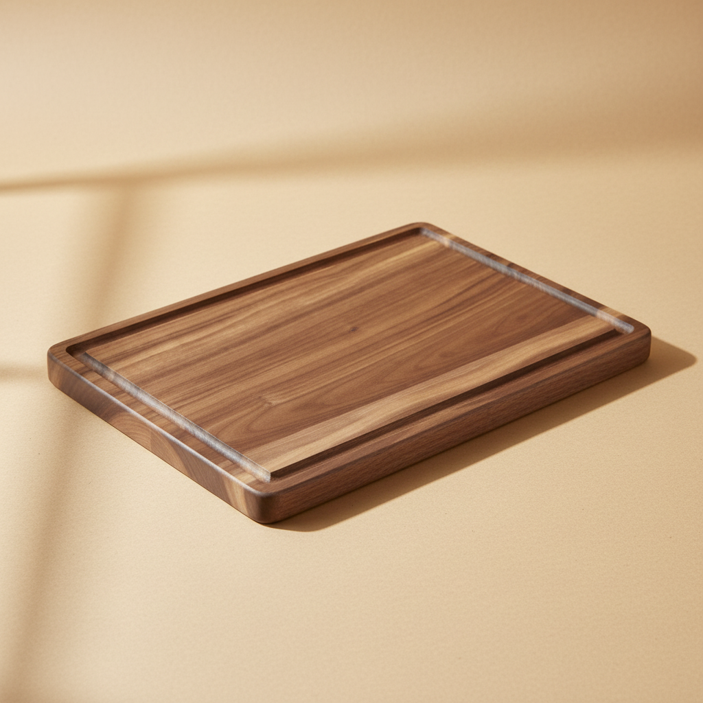woodnestcraft solid black walnut rectangular cutting board with a juice groove on a neutral beige background