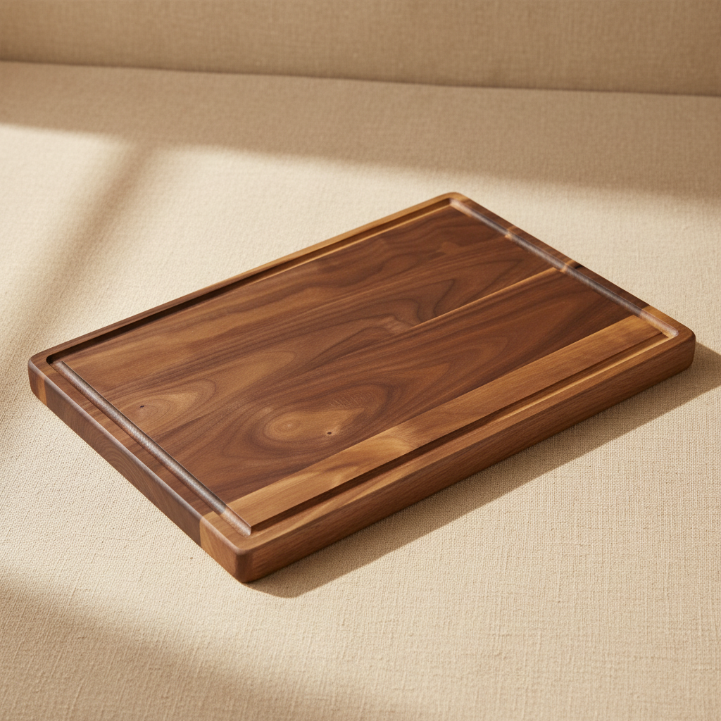 woodnestcraft rectangular solid North American black walnut cutting board with a juice groove on a neutral surface