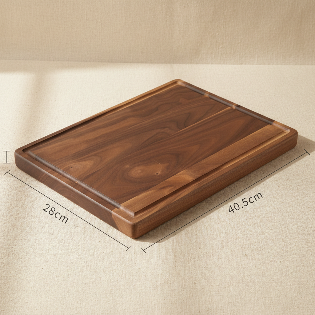 woodnestcraft rectangular solid black walnut wood cutting board with a juice groove on a neutral fabric background