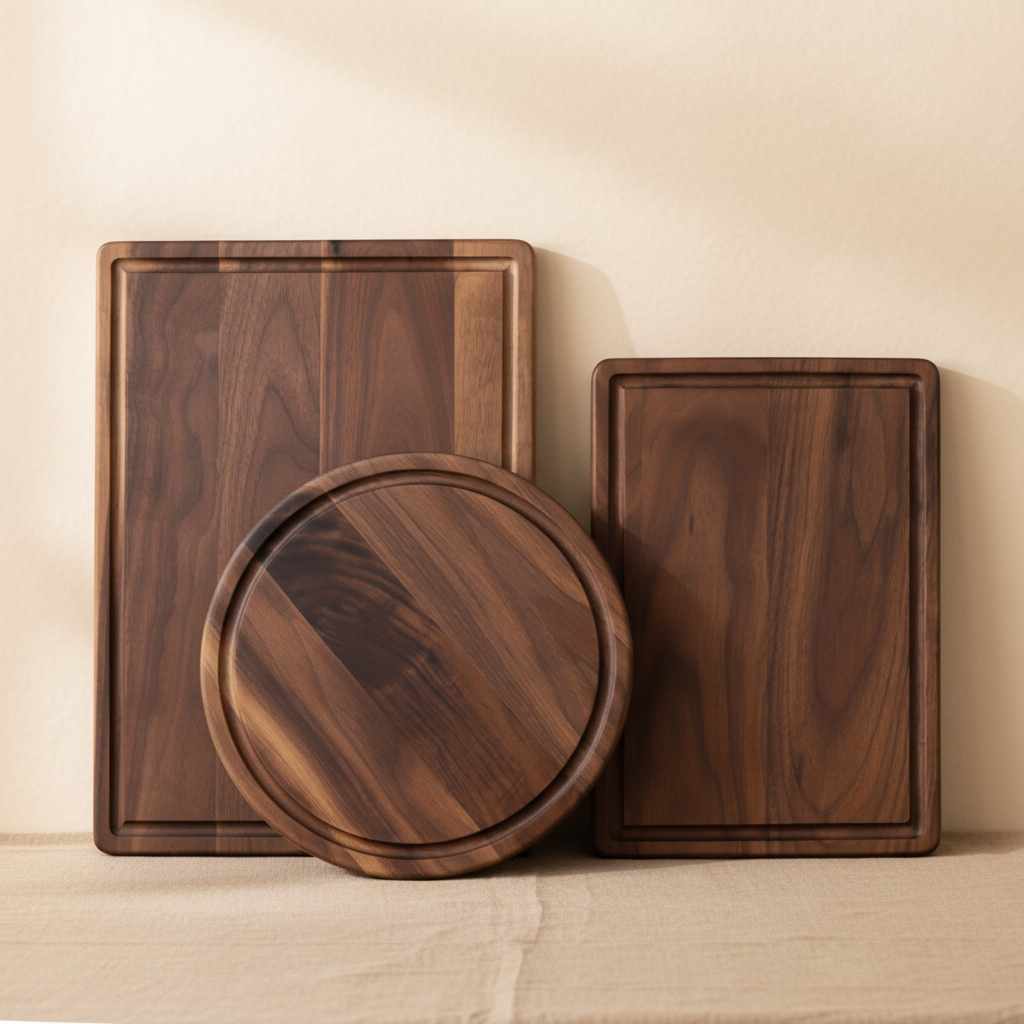 woodnestcraft walnut wood cutting and serving boards in round and rectangular shapes with juice grooves