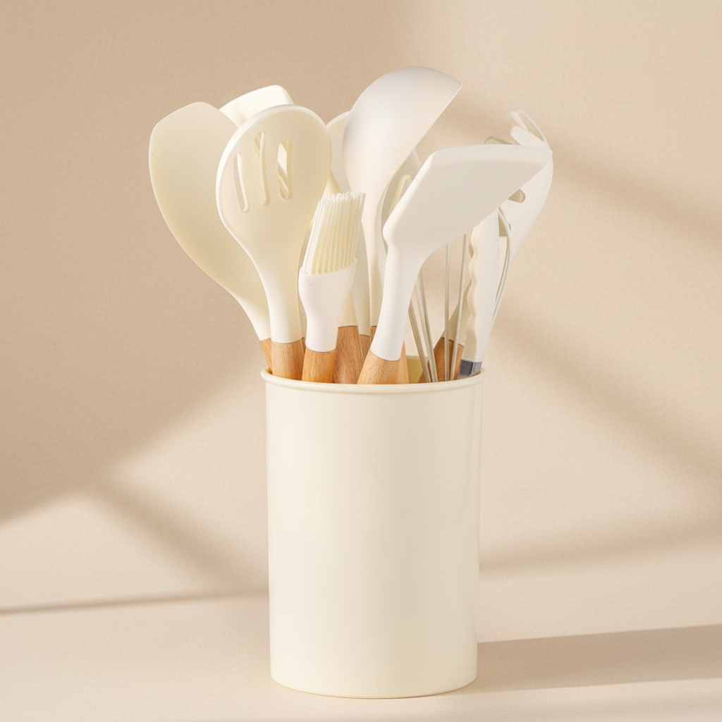 woodnestcraft white silicone kitchen utensil set with natural wooden handles in a matching storage container