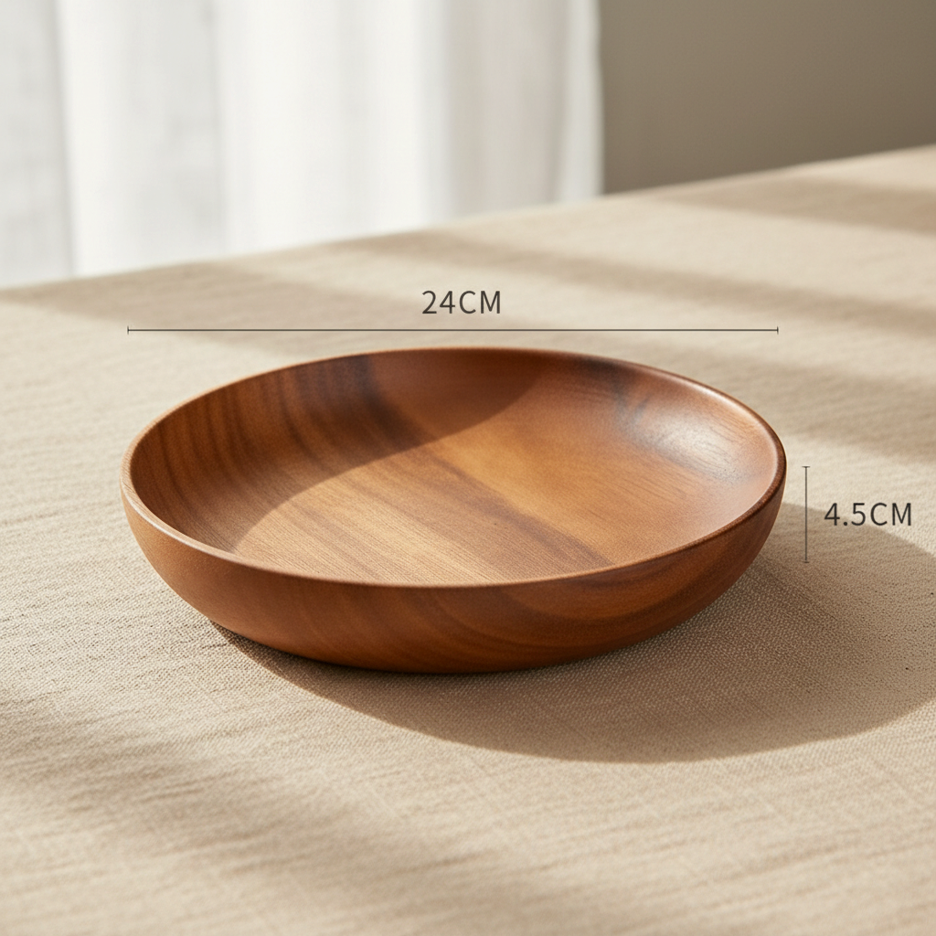 woodnestcraft wide shallow round solid wood serving bowl with natural grain on a linen tablecloth