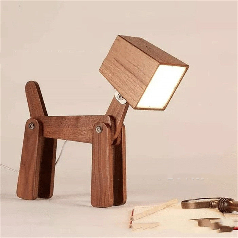 woodnestcraft dog-shaped desk lamp made of solid brown ash wood with adjustable joints and touch-controlled LED light