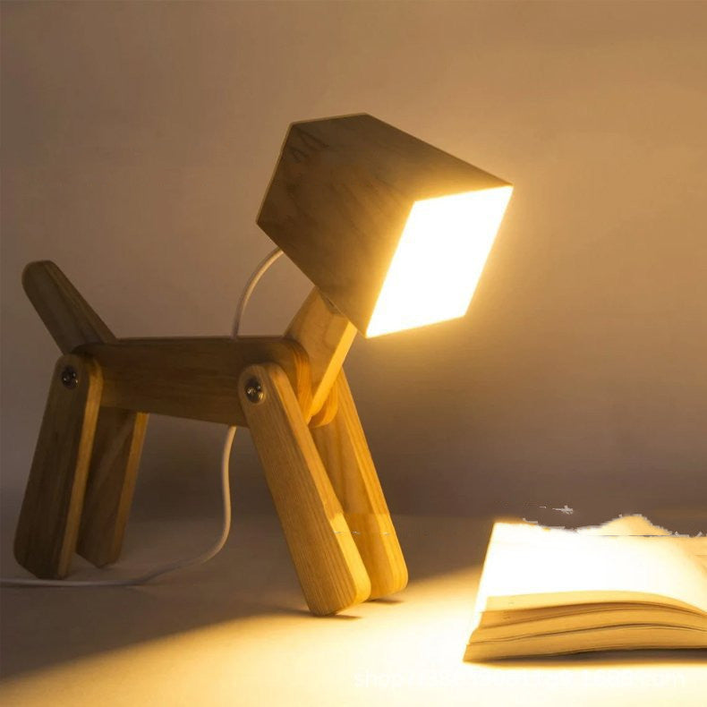 woodnestcraft adjustable dog-shaped desk lamp made of solid ash wood with warm LED light and touch control