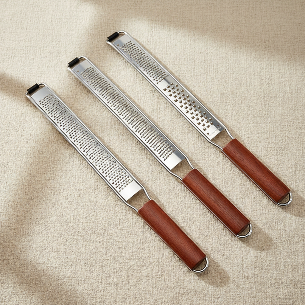 woodnestcraft set of three kitchen graters with padauk wood handles and stainless steel blades for zesting and grating