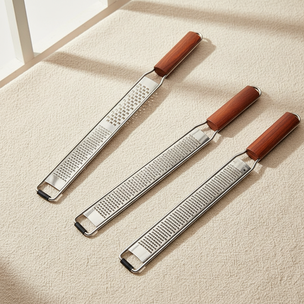 woodnestcraft set of three kitchen graters with handcrafted Padauk wood handles and stainless steel blades