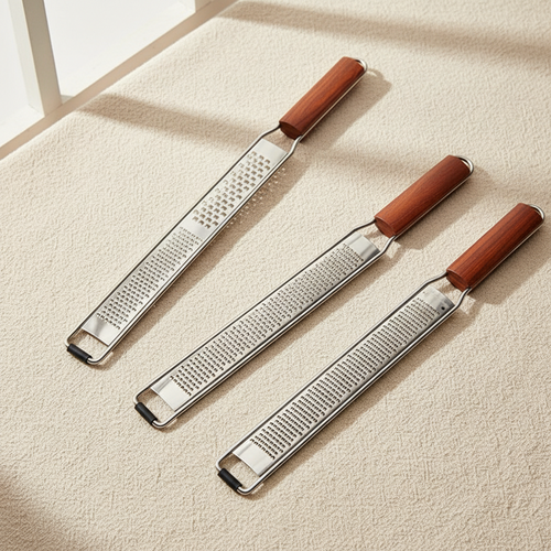 woodnestcraft set of three kitchen graters with handcrafted Padauk wood handles and stainless steel blades