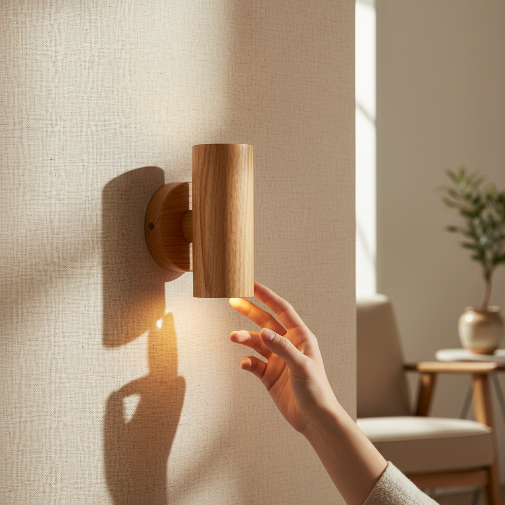 woodnestcraft natural rubber wood wall sconce with a cylindrical log design and warm ambient light on a beige wall