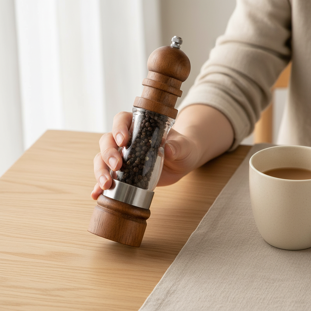 woodnestcraft wooden salt and pepper grinder with clear acrylic body held by a person at a dining table