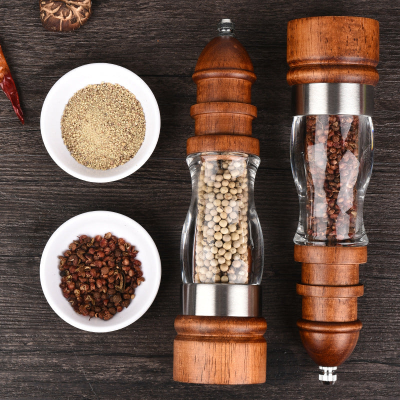 woodnestcraft salt and pepper grinders with rubberwood base, clear acrylic body, and ceramic grinding mechanism