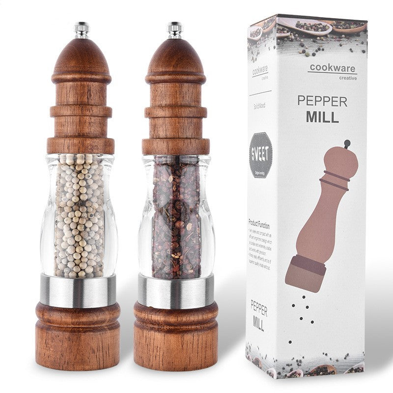 woodnestcraft salt and pepper grinders with rubberwood base, clear acrylic body, and adjustable ceramic mechanism