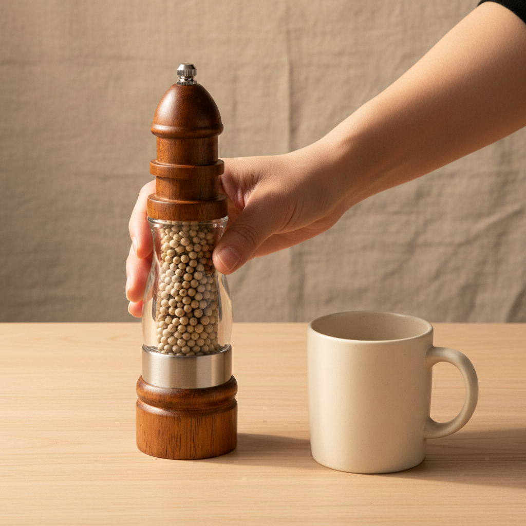 woodnestcraft wooden salt and pepper grinder with clear acrylic body held by hand next to a ceramic mug on a table