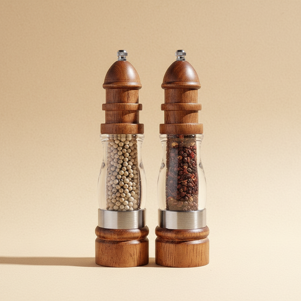 woodnestcraft 8.5-inch wooden salt and pepper grinders with clear acrylic bodies and adjustable ceramic mechanisms